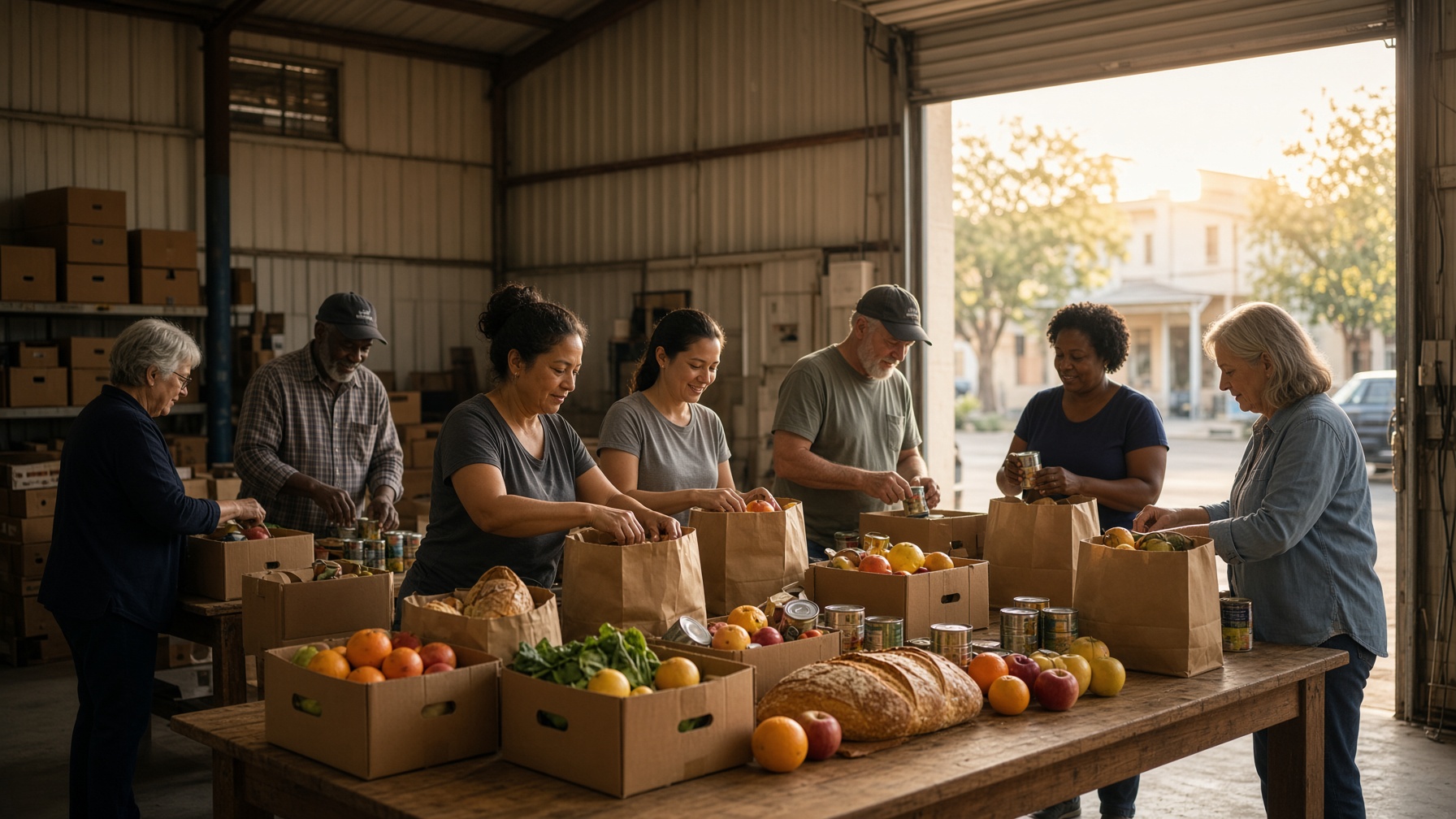 Neighbors packing food together in a small-town warehouse