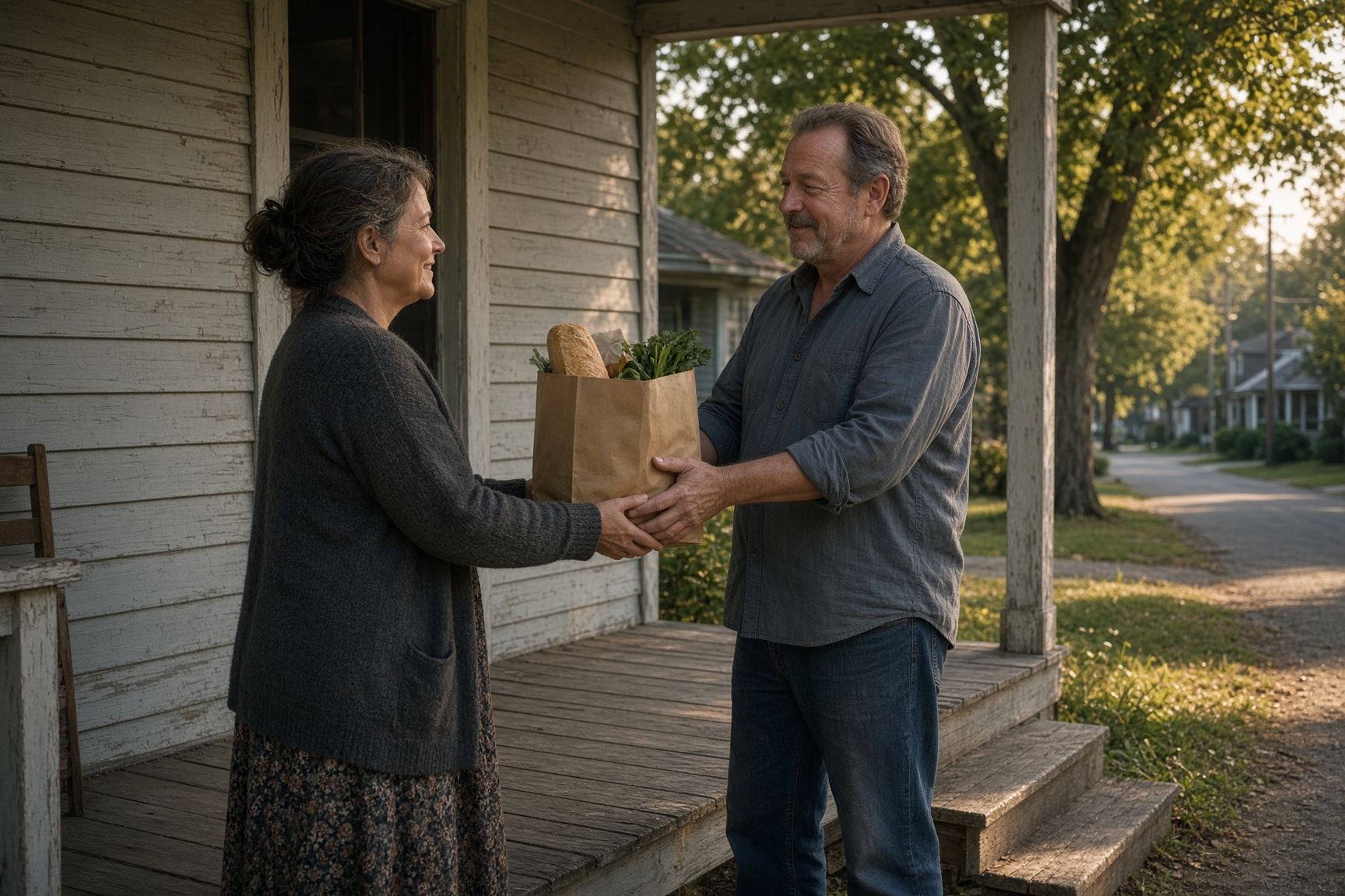 A neighbor handing groceries to another on a front porch