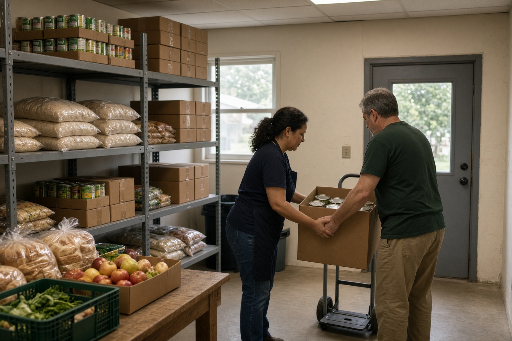 Food pantry shelves being stocked with produce and canned goods